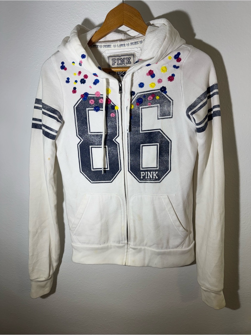 PINK Victoria's Secret Womens White 86 Zip Up Hoodie Floral Accents Medium